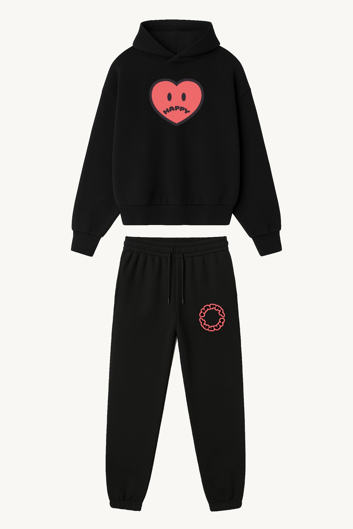 Happy Home centerpiece sweat set jet black front — matching hoodie and sweatpants, 340 GSM