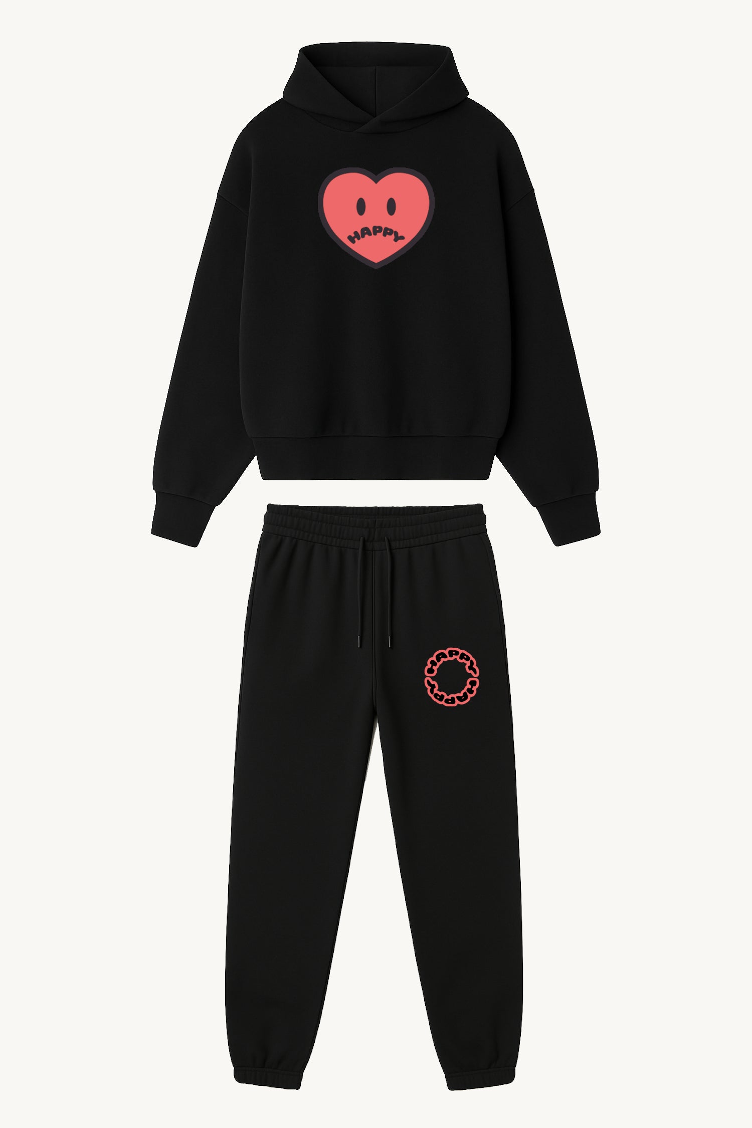 Happy Home centerpiece sweat set jet black front — matching hoodie and sweatpants, 340 GSM