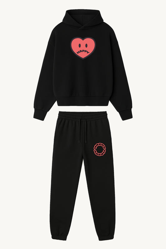 Happy Home centerpiece sweat set jet black front — matching hoodie and sweatpants, 340 GSM