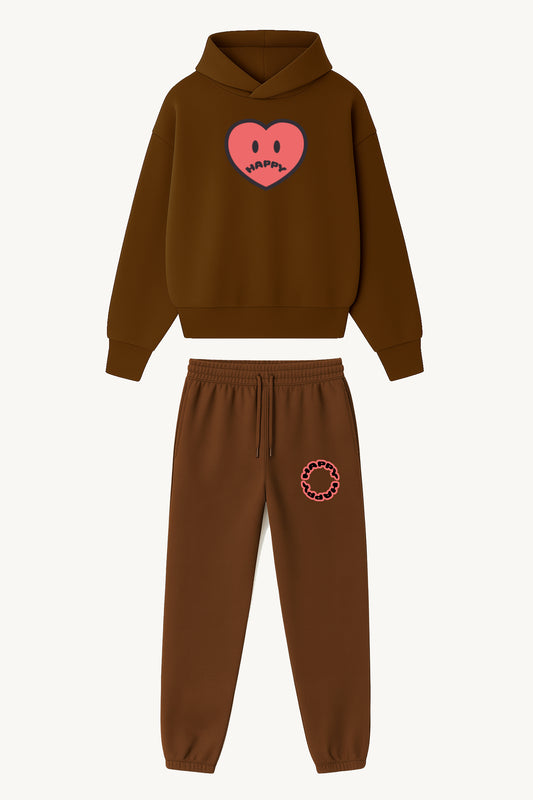 Happy Home centerpiece sweat set chocolate front — matching hoodie and sweatpants, 340 GSM