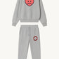 Happy Home centerpiece sweat set heather gray front — matching hoodie and sweatpants, 340 GSM