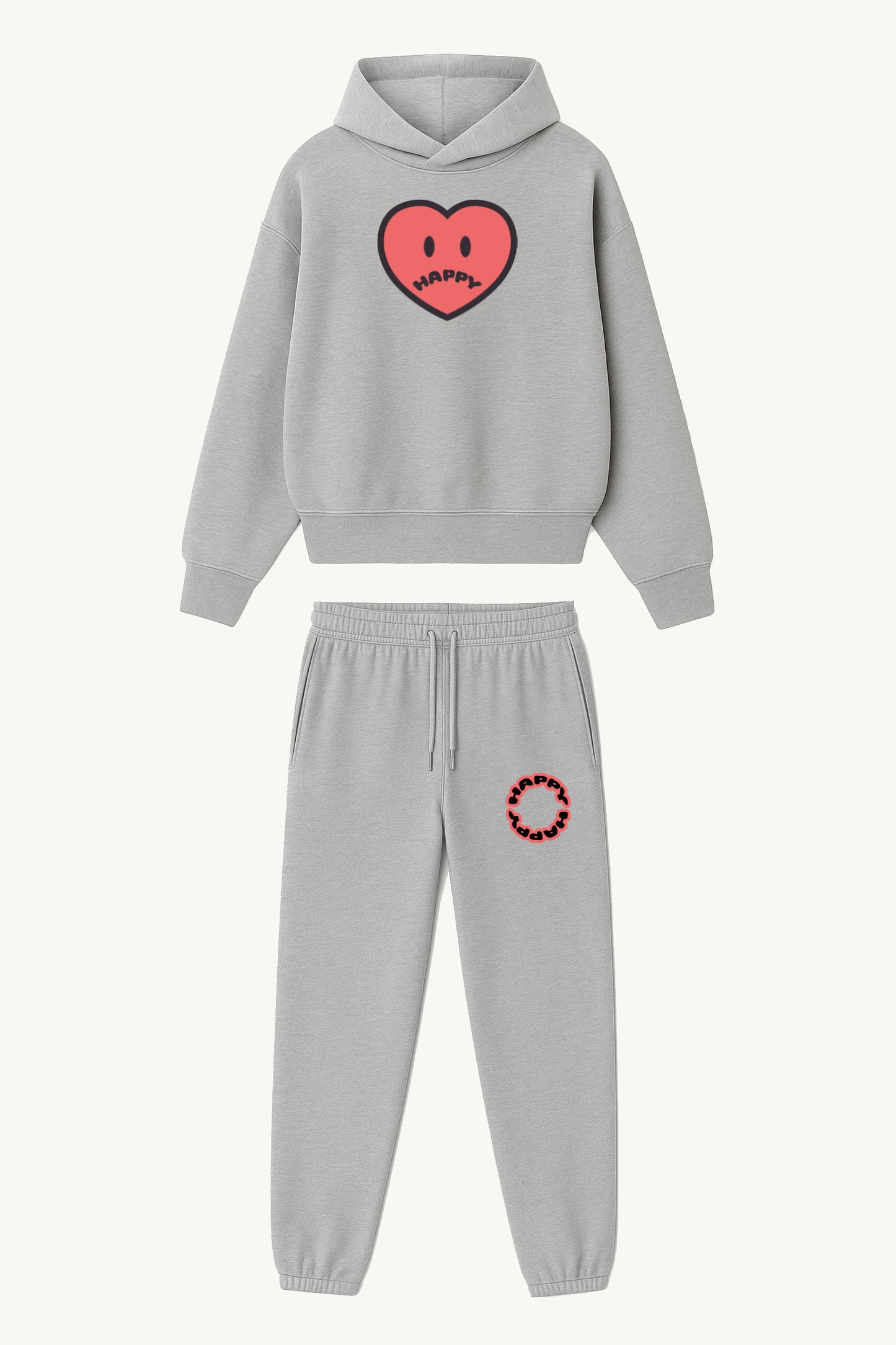 Happy Home centerpiece sweat set heather gray front — matching hoodie and sweatpants, 340 GSM