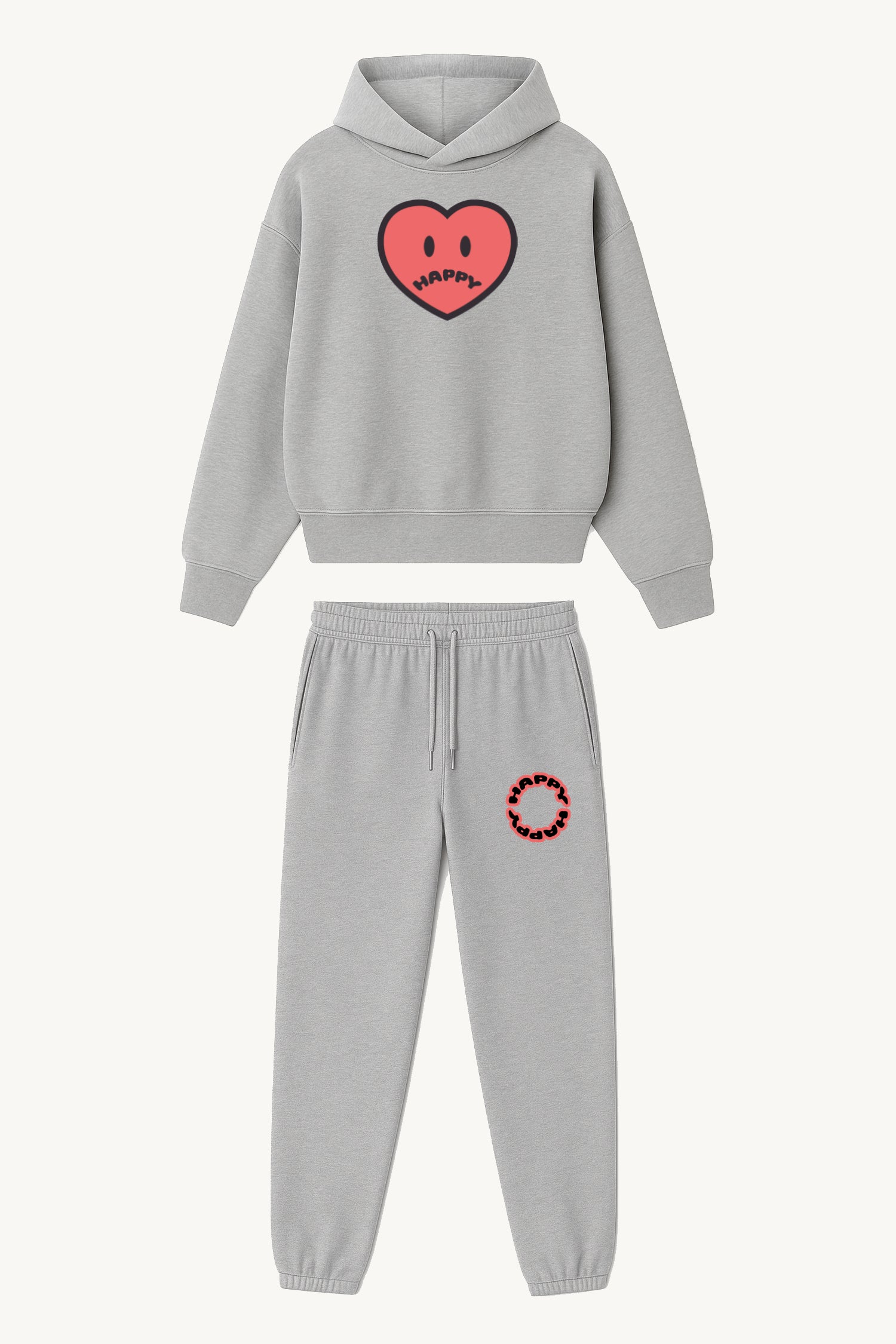 Happy Home centerpiece sweat set heather gray front — matching hoodie and sweatpants, 340 GSM