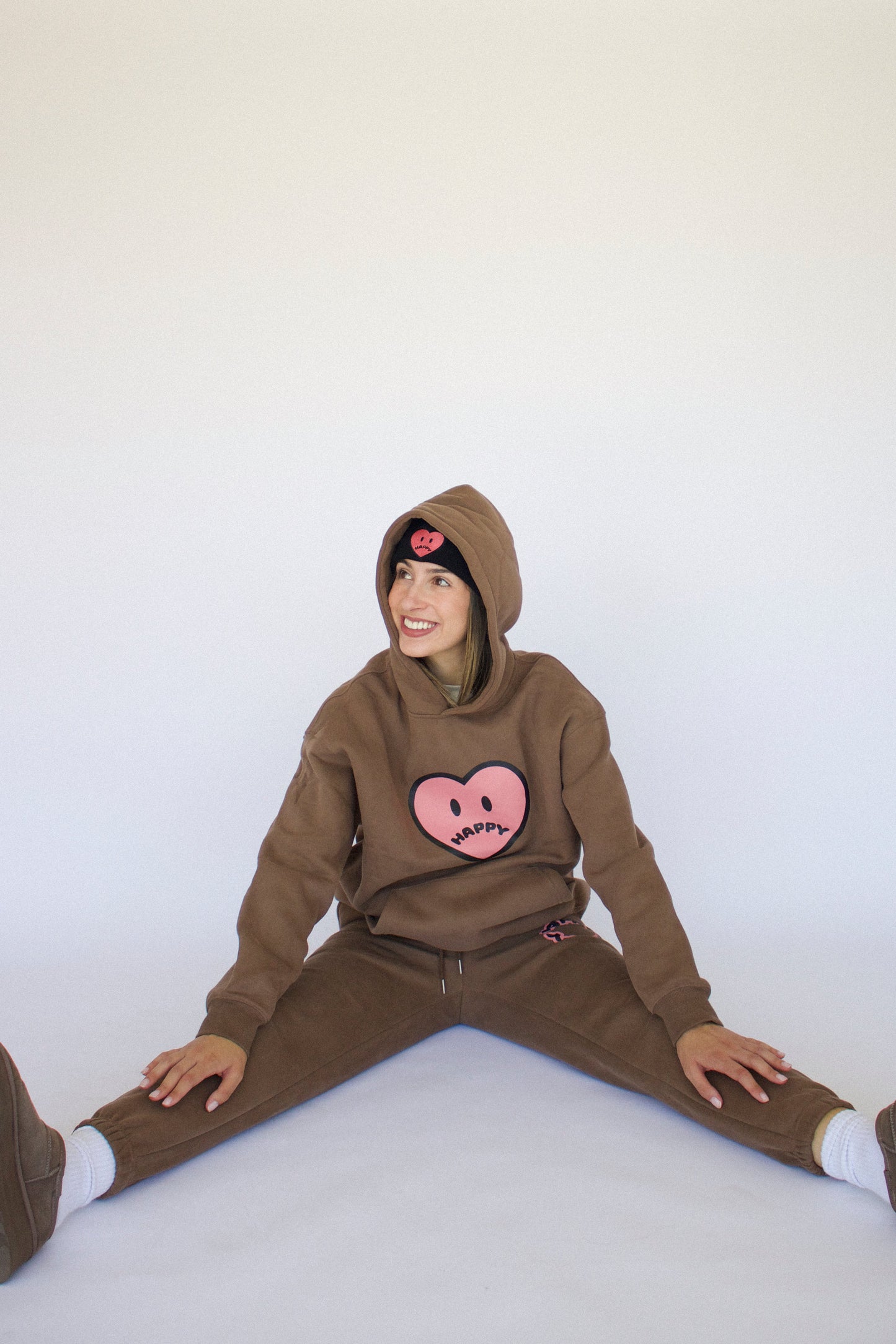 Happy Home chocolate sweat set on model — comfortable matching outfit