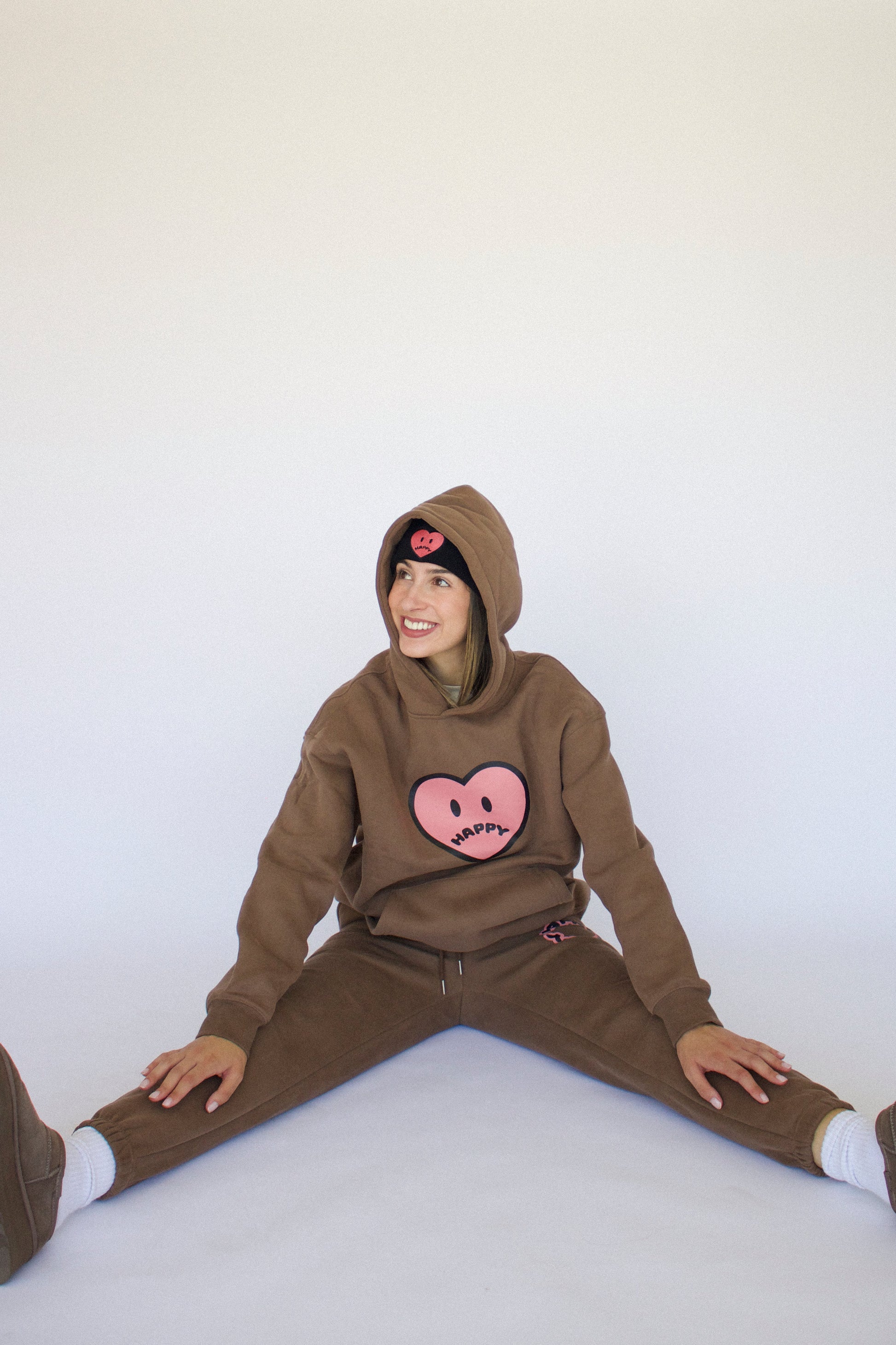 Happy Home chocolate sweat set on model — comfortable matching outfit