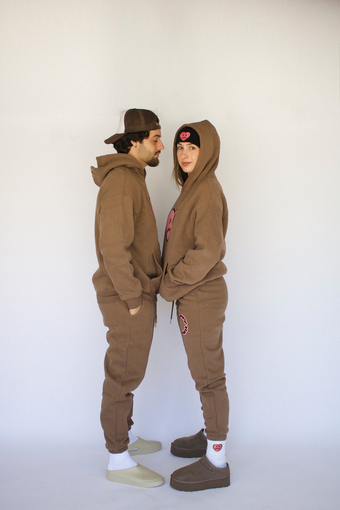 Happy Home chocolate sweatpants on model — limited edition drop streetwear brand