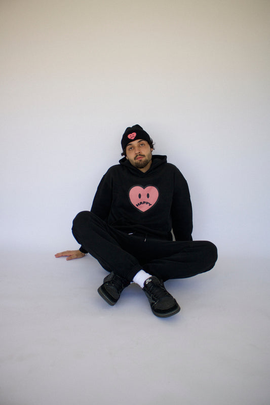 model wearing Happy Home jet black sweat set — designed in los angeles