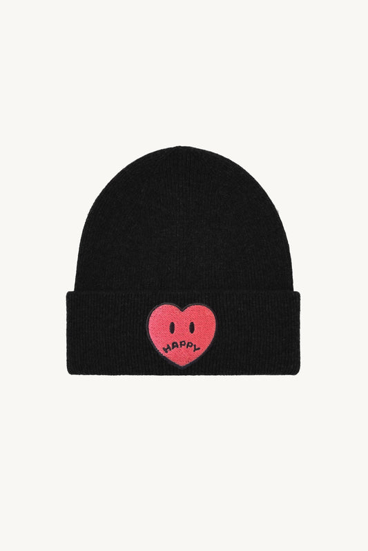 Happy Home centerpiece beanie front view — embroidered HAPPY logo, one size fits most