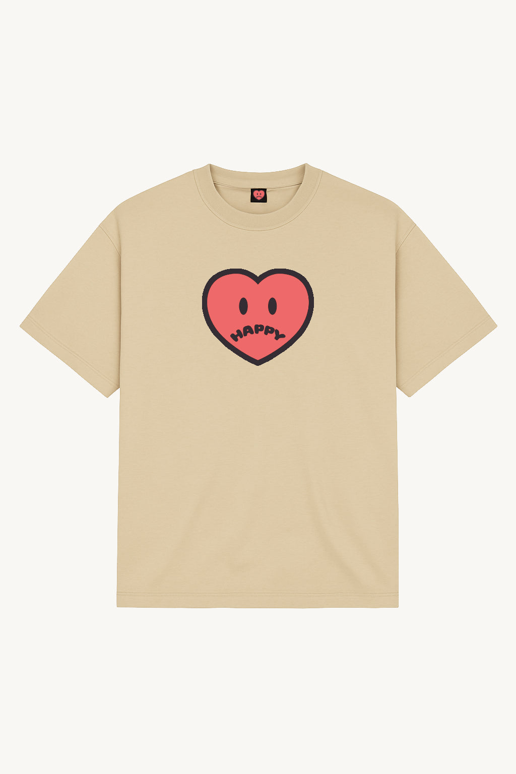 Happy Home centerpiece tee sand front — screen-printed HAPPY logo, 240 GSM 100% cotton