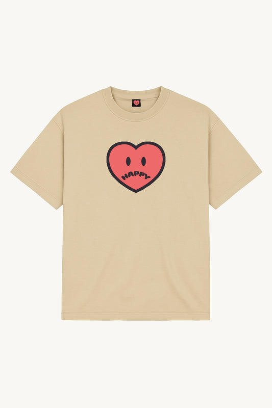 Happy Home centerpiece tee sand front — screen-printed HAPPY logo, 240 GSM 100% cotton