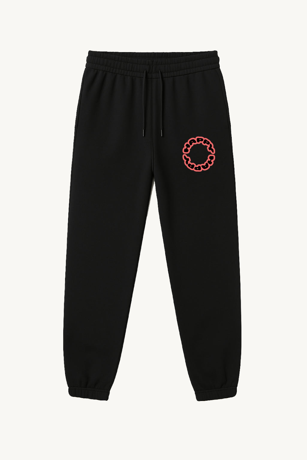 Happy Home centerpiece sweatpants jet black front — globe HAPPY logo, 340 GSM fleece