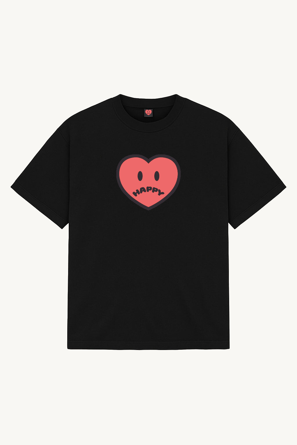 Happy Home centerpiece tee jet black front — screen-printed HAPPY logo, 240 GSM 100% cotton