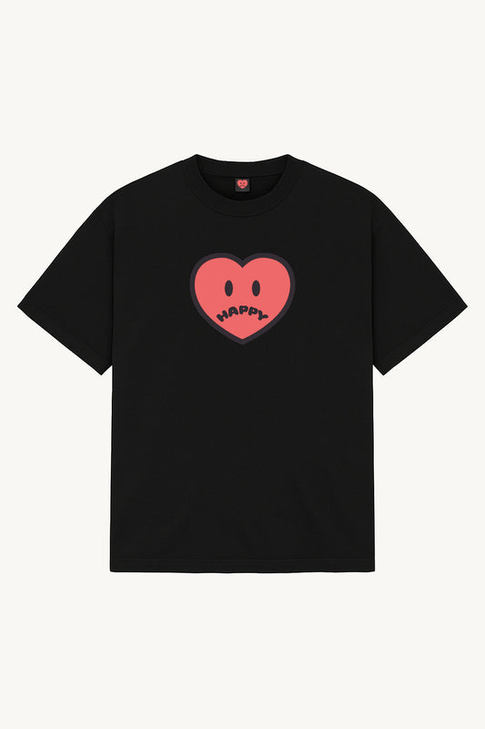 Happy Home centerpiece tee jet black front — screen-printed HAPPY logo, 240 GSM 100% cotton