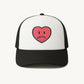 Happy Home centerpiece trucker hat jet black front — embroidered HAPPY logo, one size