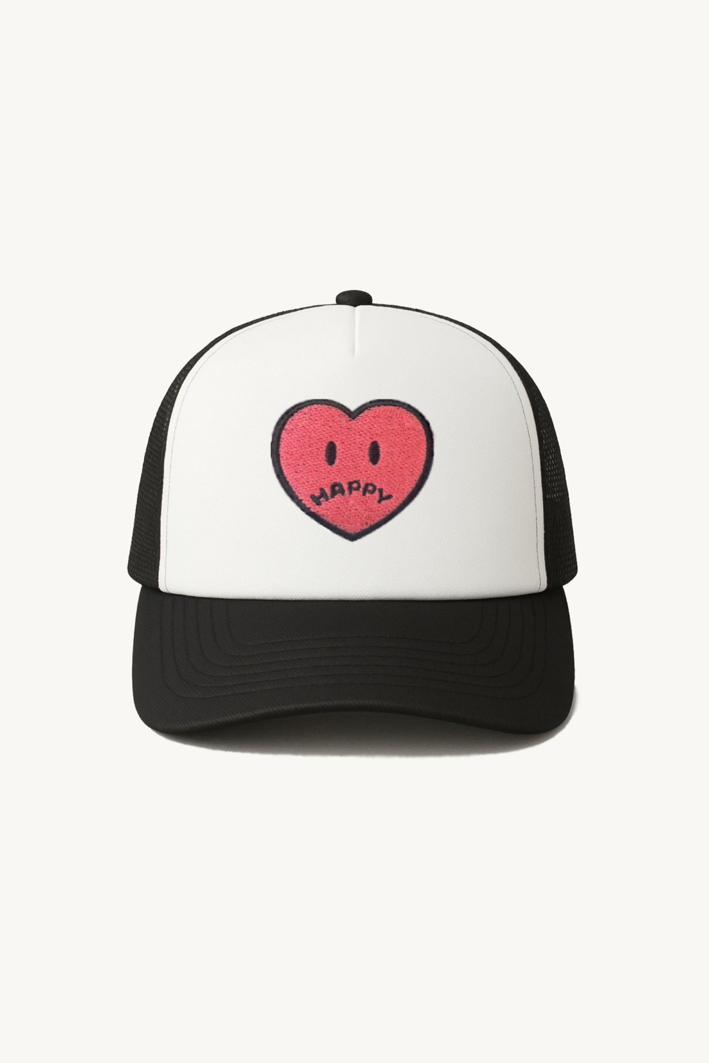 Happy Home centerpiece trucker hat jet black front — embroidered HAPPY logo, one size