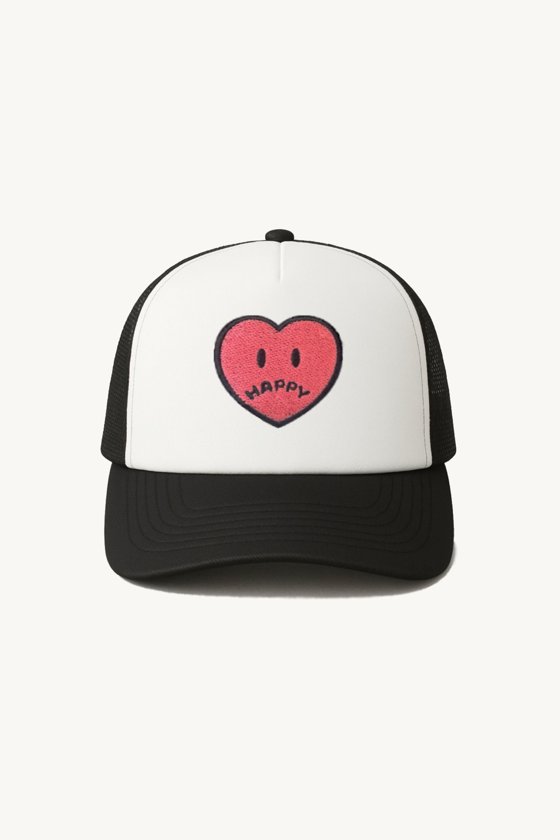 Happy Home centerpiece trucker hat jet black front — embroidered HAPPY logo, one size