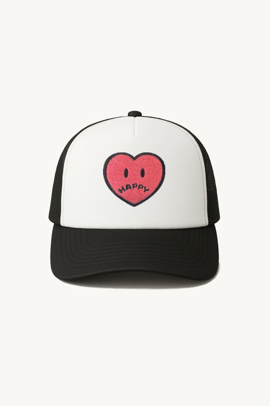 Happy Home centerpiece trucker hat jet black front — embroidered HAPPY logo, one size
