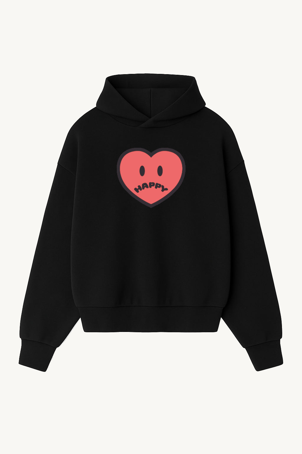 Happy Home centerpiece hoodie jet black front — screen-printed HAPPY logo, 340 GSM fleece