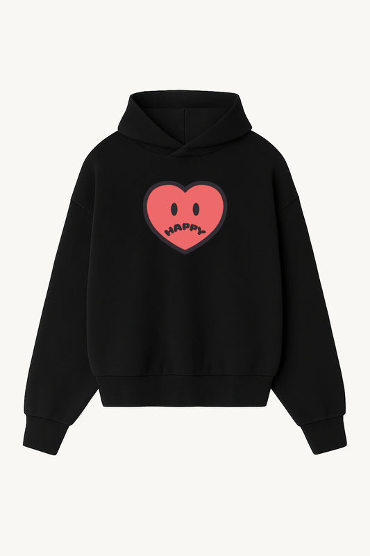 Happy Home centerpiece hoodie jet black front — screen-printed HAPPY logo, 340 GSM fleece