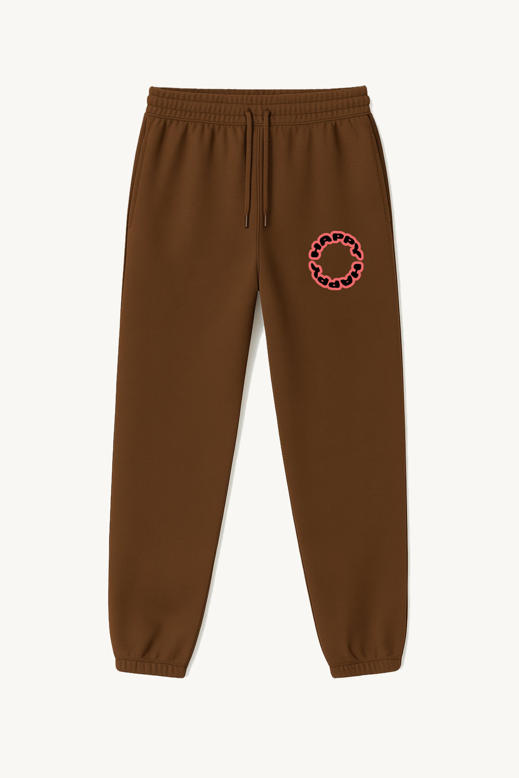 Happy Home centerpiece sweatpants chocolate front — globe HAPPY logo, 340 GSM fleece