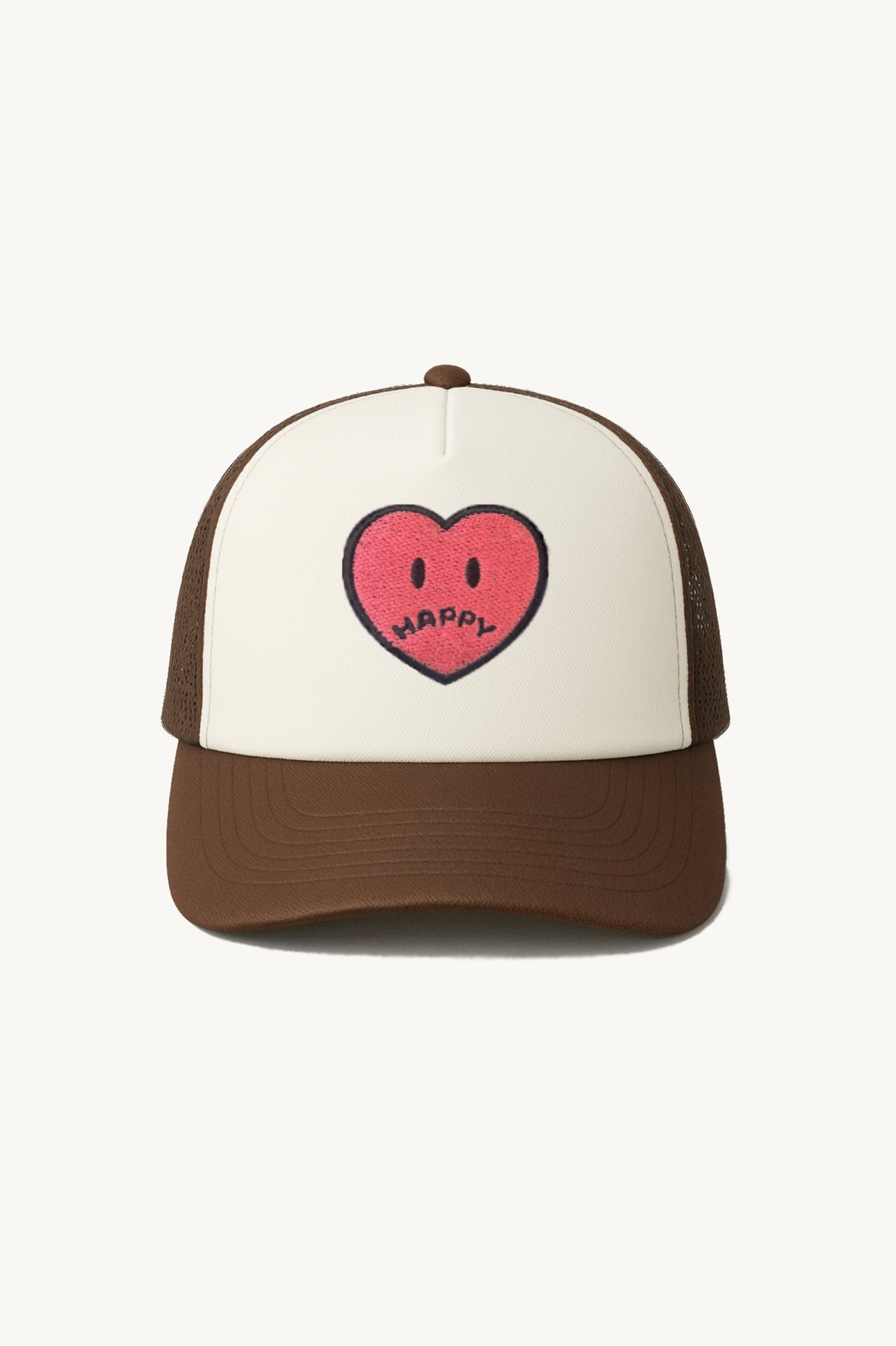 Happy Home centerpiece trucker hat chocolate front — embroidered HAPPY logo, one size