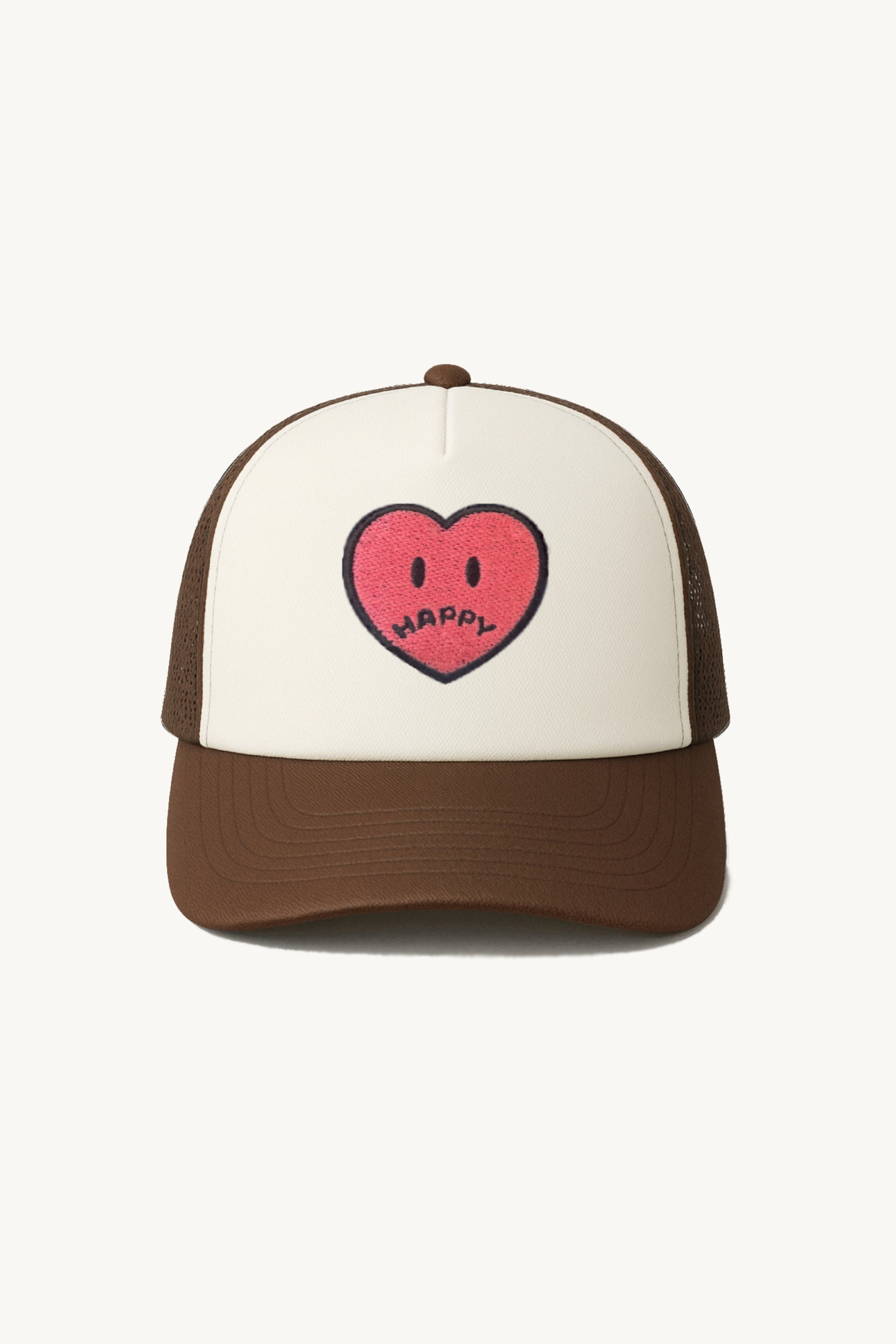 Happy Home centerpiece trucker hat chocolate front — embroidered HAPPY logo, one size