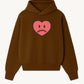 Happy Home centerpiece hoodie chocolate front — screen-printed HAPPY logo, 340 GSM fleece