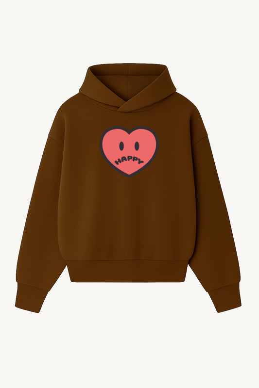 Happy Home centerpiece hoodie chocolate front — screen-printed HAPPY logo, 340 GSM fleece