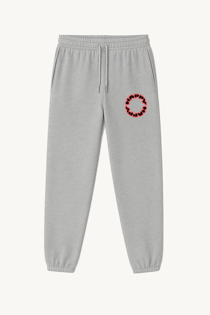 Happy Home centerpiece sweatpants heather gray front — globe HAPPY logo, 340 GSM fleece