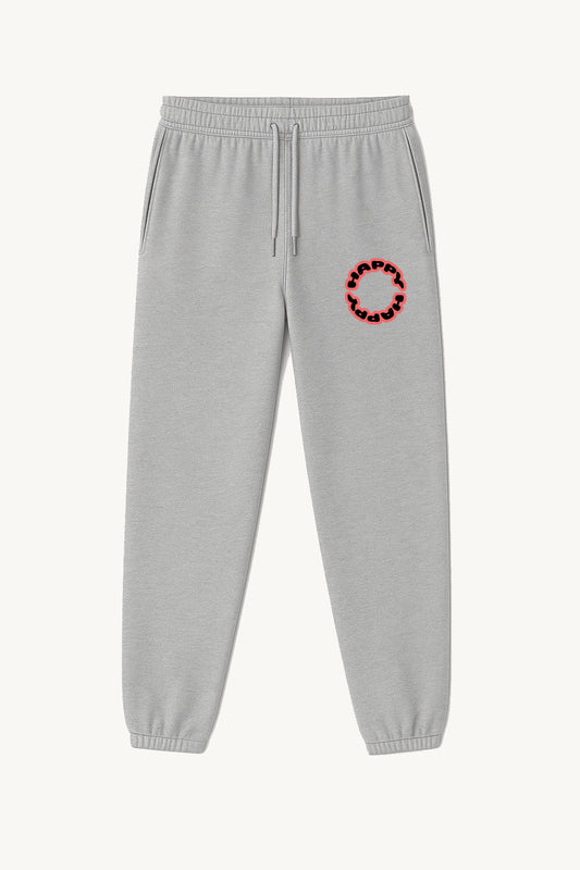 Happy Home centerpiece sweatpants heather gray front — globe HAPPY logo, 340 GSM fleece
