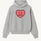 Happy Home centerpiece hoodie heather gray front — screen-printed HAPPY logo, 340 GSM fleece