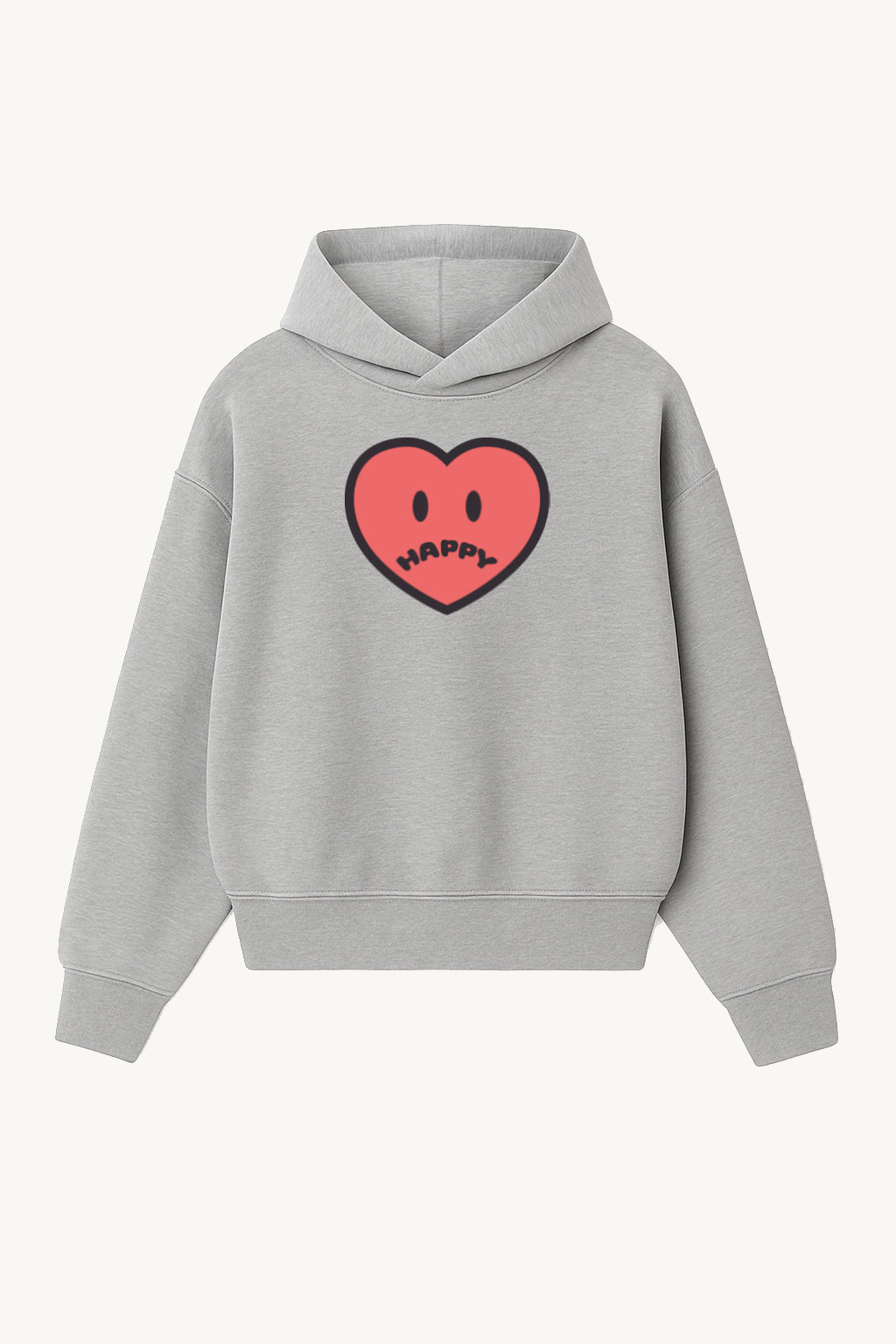 Happy Home centerpiece hoodie heather gray front — screen-printed HAPPY logo, 340 GSM fleece