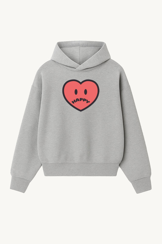 Happy Home centerpiece hoodie heather gray front — screen-printed HAPPY logo, 340 GSM fleece