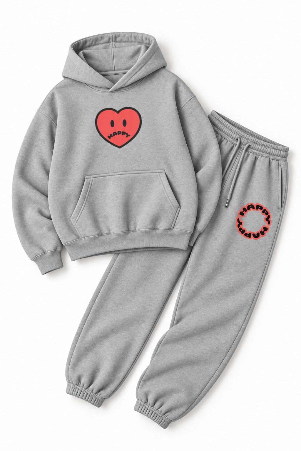 Happy Home heather gray sweat set lifestyle — matching hoodie and sweatpants, Los Angeles