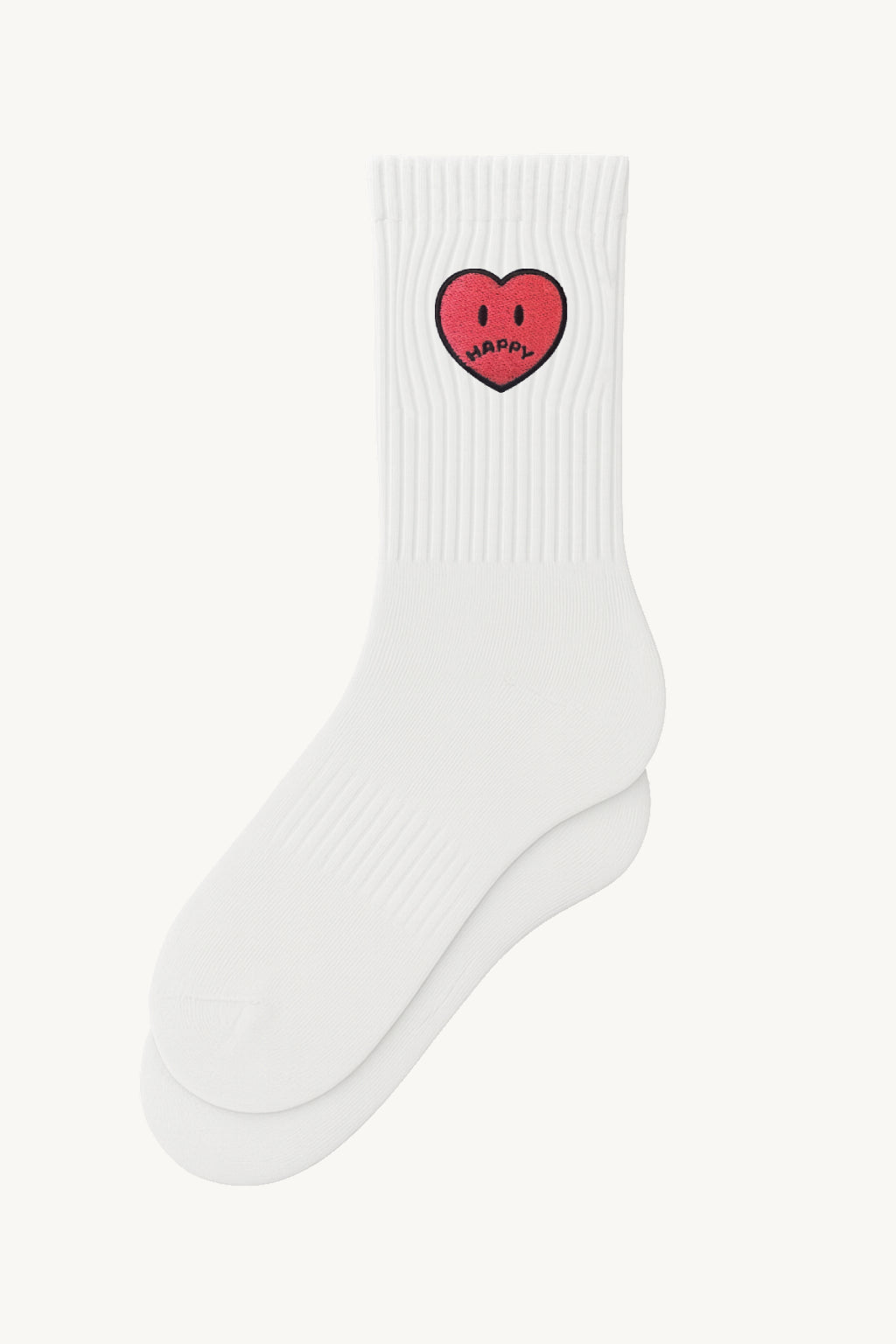 Happy Home centerpiece socks front view — embroidered HAPPY logo, one size fits most