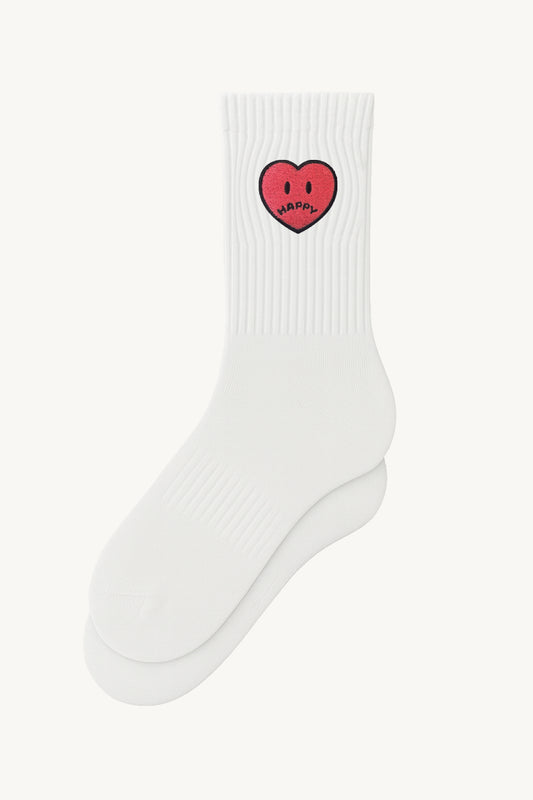 Happy Home centerpiece socks front view — embroidered HAPPY logo, one size fits most