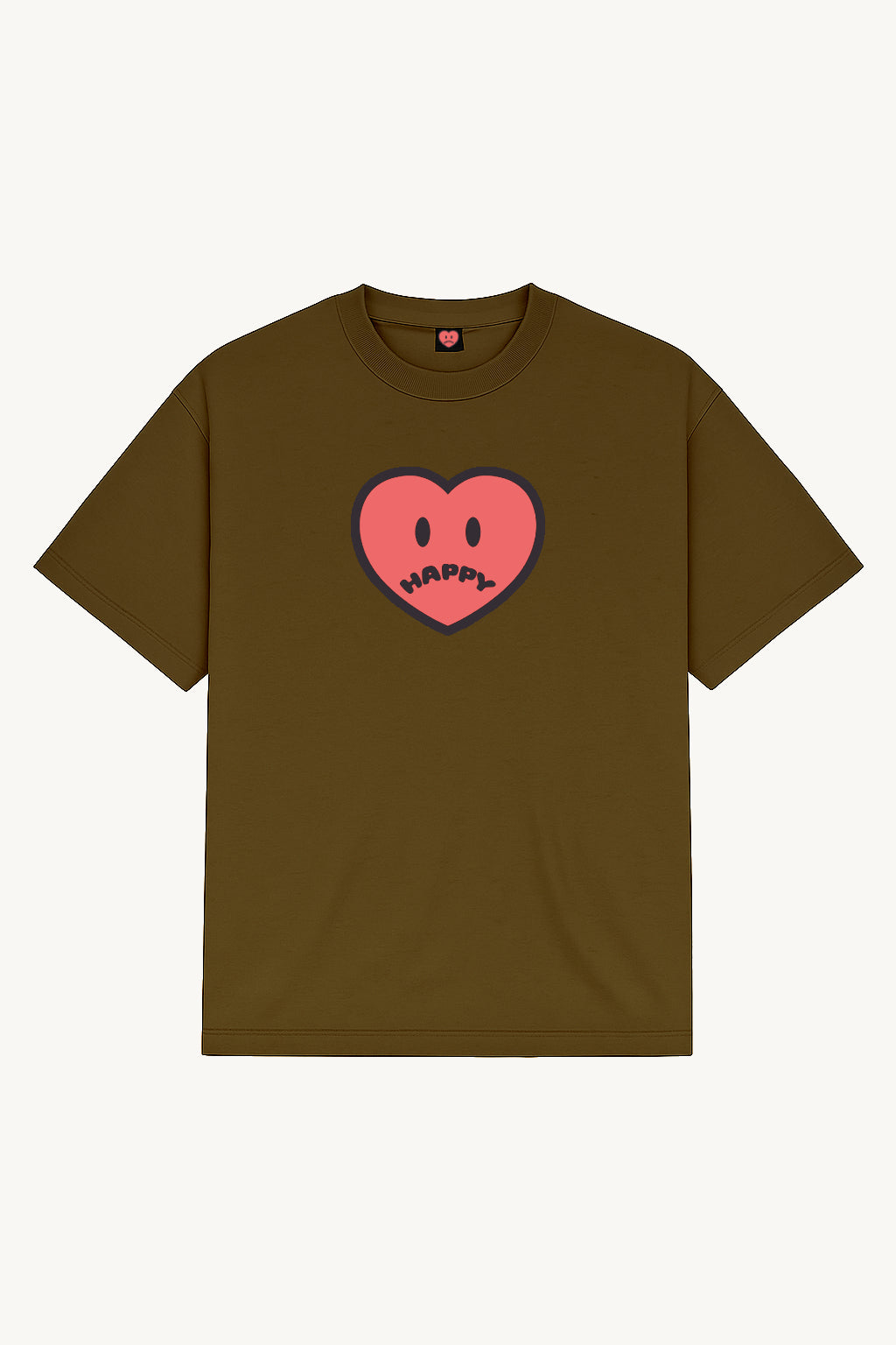 Happy Home centerpiece tee wood front — screen-printed HAPPY logo, 240 GSM 100% cotton