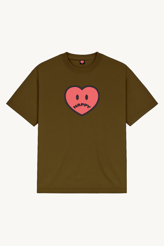 Happy Home centerpiece tee wood front — screen-printed HAPPY logo, 240 GSM 100% cotton
